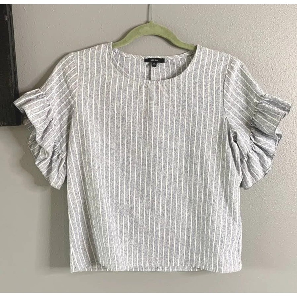 Drew blouse anthropologie brand striped ruffle sleeve gray cotton comfort fit SM